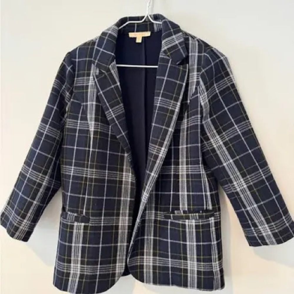 Skies Are Blue Sz XL Plaid Open Front Blazer - Navy, Black, White and Yellow